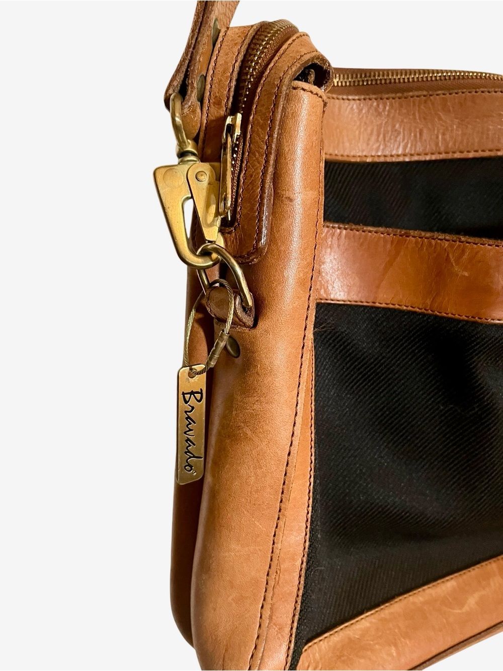Vintage Bravado Leather Canvas Messenger Crossbody Satchel Bag Brass 17x12 - Picture 6 of 11